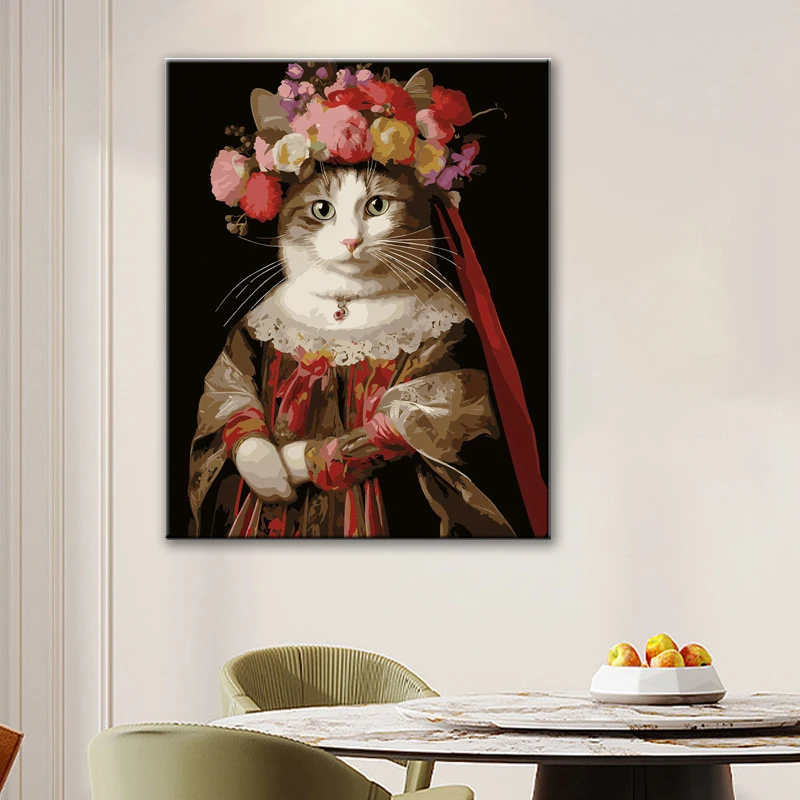 Diy Painting by Numbers Classical Painting Mrs. Cat in a Dress Funny Custom Canvas Handmade Oil Painting for Adult Home Decor