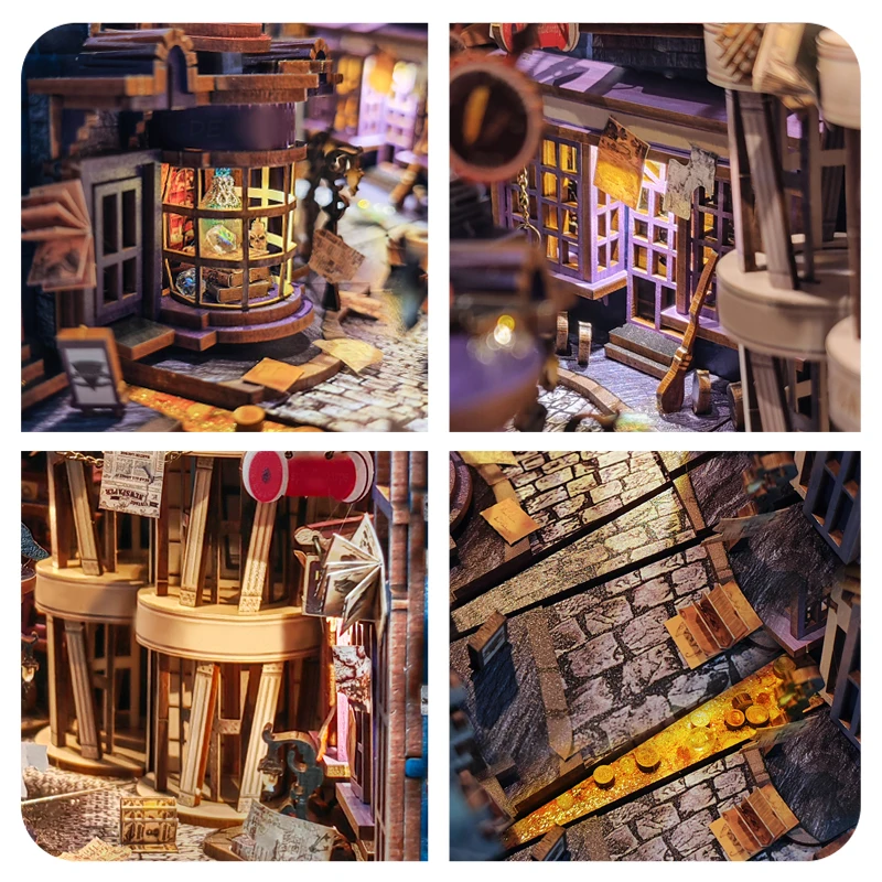 Book Nook Alley Way 3d Wooden Puzzle Bookend Diy Miniature House Booknook Shelf Insert Magic Night Alley Book Nook Kit Toy