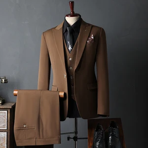 Men's One-button Suit Jacket Wedding Groom Three-piece Lapel Slim Banquet Formal Solid Color Leisure Business Suit