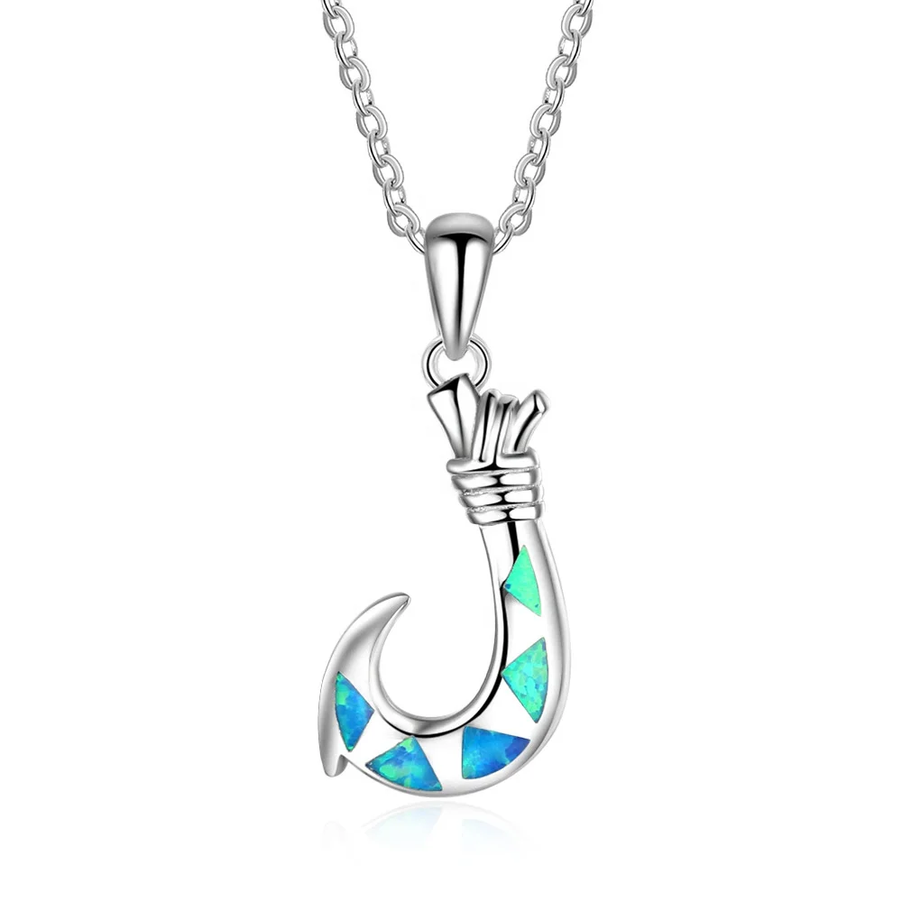 Silver Hawaiian Fish Hook Pendant with Opal Inlay