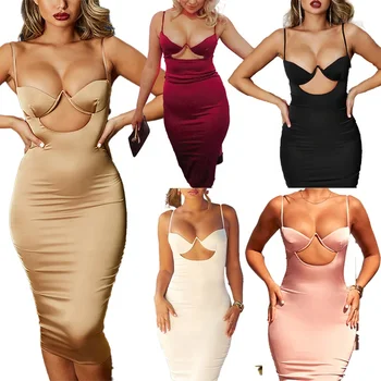 Women Black Summer Dress Casual Sexy Night Club Stock Suspender Bodycon Hollow Out Backless Knee Length