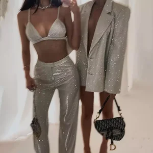 2026 Luxurious Sequined Set Women Long Sleeve Loose Blazer Suit Set Night Club Party Wear Women Two Piece Pants Set