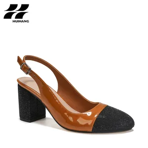 Chic Two-Tone Patent PU Leather Slingback Pumps for Women Lightweight Block Rhinestone Embellishment Slip-On for Party Evening