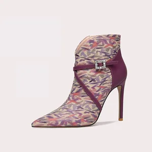 Women's Elegant Purple Printed Patchwork Ankle Boots Stiletto Heel Boots Pointed Toe Zip Closure Boots for Winter