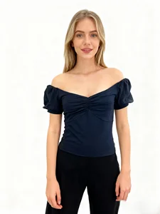 Knitted Soft Stretch Crop Tops off Shoulder Elegant Low Bust Heart Neck Ruched Sleeves Women Tops Fashionable