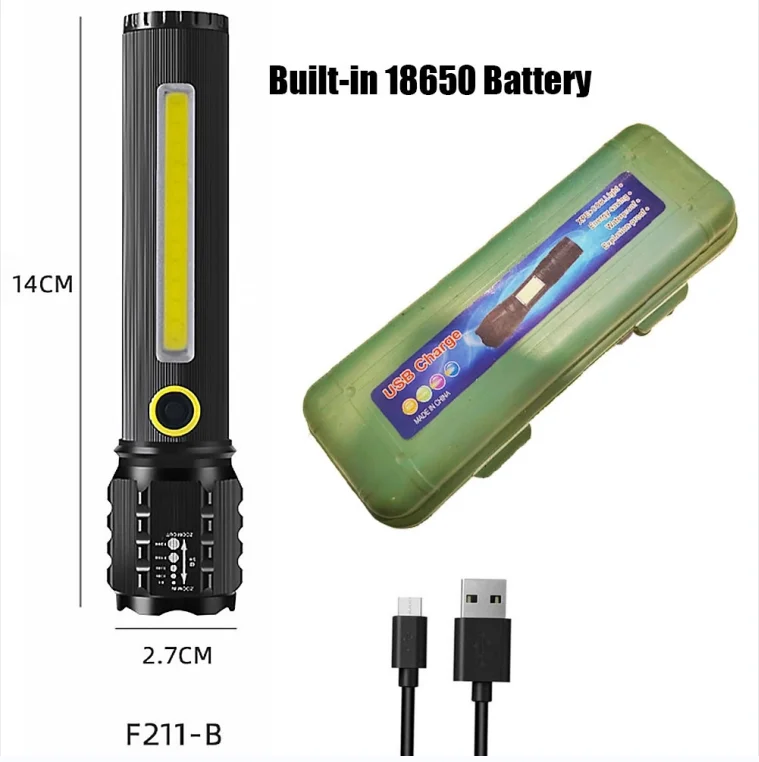 Kensun Xhp50/XPE Simple 3 Modes Cob Side Light Waterproof Rechargeable Usb Led Tactical Torch Light Lantern Outdoor Flashlights