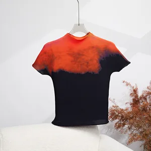 High Quality Miyake Pleated Top Women Casual Style Shirt Printed Stretch Pleats Short Sleeve T-Shirt