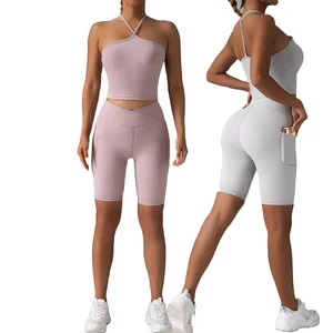 Women's New Halter Bra Yoga Set Solid Cross Waist Push-up Sports Workout Wear Open Back Pockets for Running Lady's Sportswear