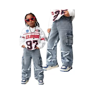 Denim Children's Jeans Kids Embroidery First Walker Trousers Casual Streetwear Wide Leg Pants Denim Jeans Cargo Pants