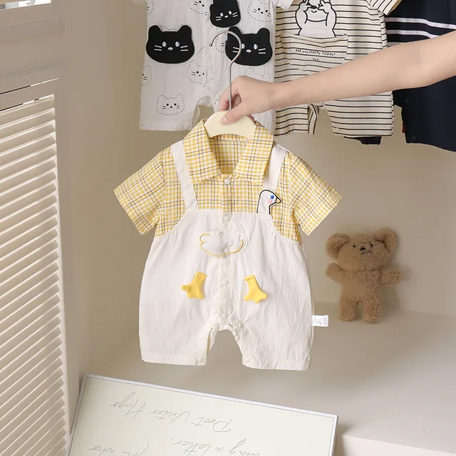 Summer Cotton Romper for Baby Boys Patchwork Short Sleeve Shirt Casual ODM Outdoor Outfit for Newborn Toddler 0-24 Months Button