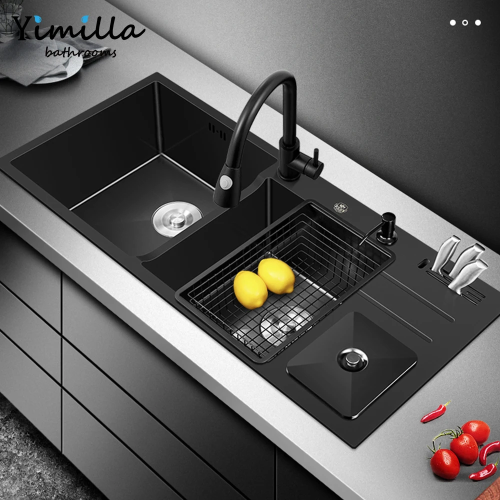 High Quality Black European Kitchen Sink Triple Bowl Basin Big Size 304