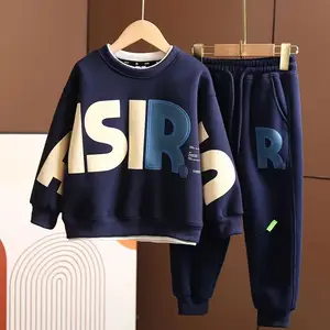 Boys' Autumn Winter Two-Piece Children's Clothing Set Fleece-Lined Thickened Sweatshirt Pants Trendy New Style