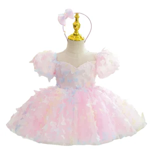 Customizable Summer Cute Luxury Flower Girls' Dresses Short Sleeve Puffy Tulle Dress Butterfly Sweet Ball Grown