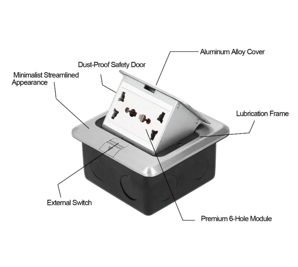 2-Gang Universal Socket 13A AC 250V Embedded Damping Aluminum Alloy Ground Electrical Outlet 2 Industrial AC Floor Socket Box