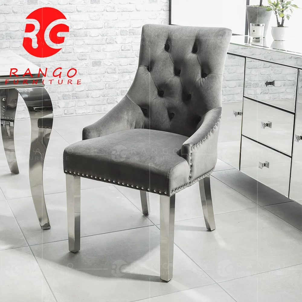 Luxury Grey Dining Chairs with Studs Scoop Back Style