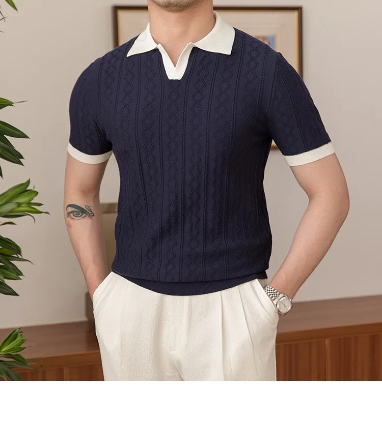 Summer breathable color matching fashion men's Polo shirt V lapel elastic jacquard texture slim short sleeve knitting