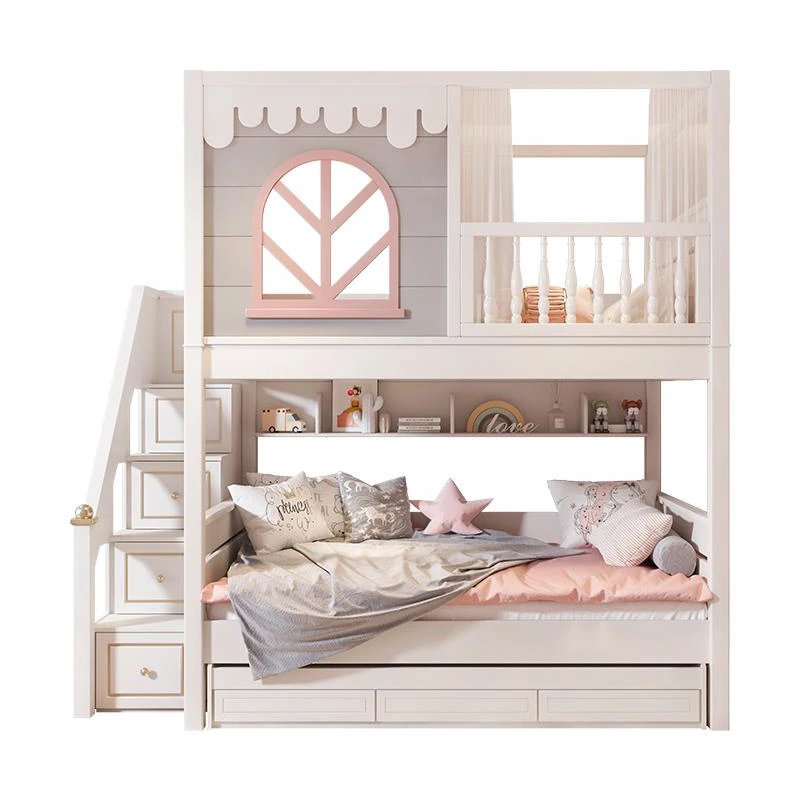 Castle Princess Girl Children Bedroom Furniture Set Wooden Pink Kids Bunk Bed with Storage Double Bunk Bed for Kids Stairs
