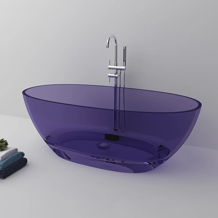 Orea Modern Colored Resin Stone Cast  Clear Acrylic Bath Tub  Transparent Pink Overflow Freestanding Bathtub for Sale