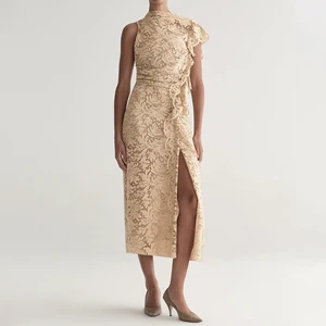 ZYHT 73969 Popular Designer Sea Wave Pattern Lace Dusty Sleeveless Midi Flared High Slit Sexy Women Casual Dress