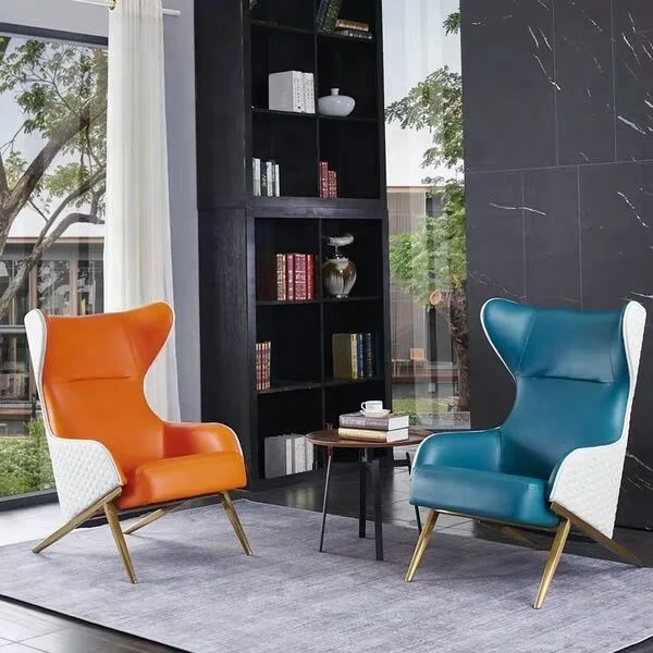 Modern High Back Wing Chair with Armrest Metal Steel Legs Leather Living Room Leisure Lounge Chair Hotel Accent Chair