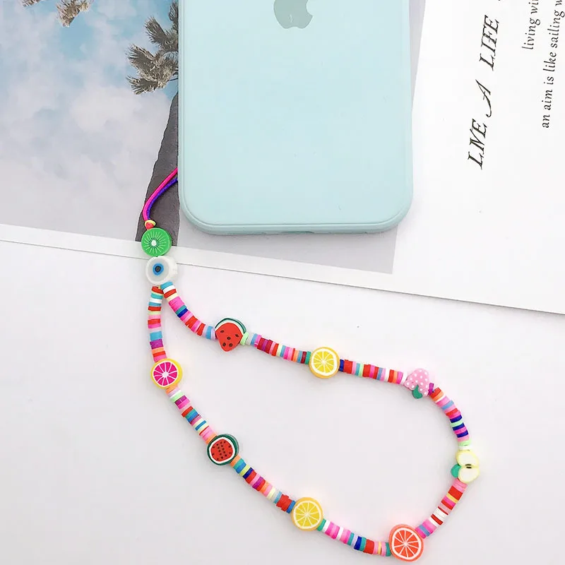 Новинка, ремешок для мобильного телефона с бусинами, ремешок для женщин, разноцветные буквы, любовь, фрукты, звезда, мягкая глиняная веревка для мобильного телефона, подвесная подвеска