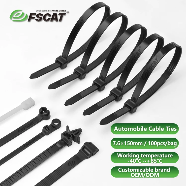 For FSCAT Eco-Friendly Nylon Cable Tie 4.8*100mm Black Auto Fastener Zip Ties Bolt Type with Releasable Feature