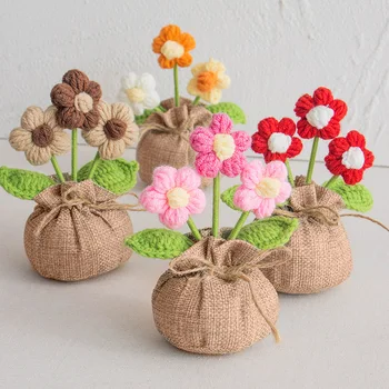 New Hand-Knitted Wool Flower Pot and Sunflower Lucky Bag Simulated Rose Desktop Ornaments Gifts for Valentine's Day and New Year