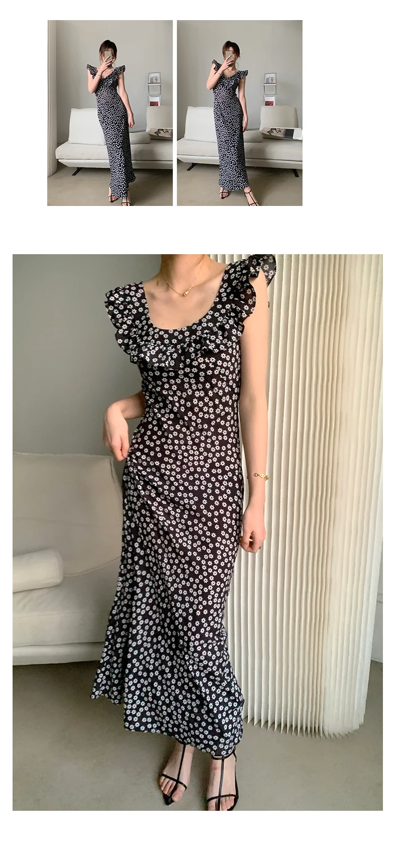 Black and white daisy dress v-neck temperament high waist  long dress  women