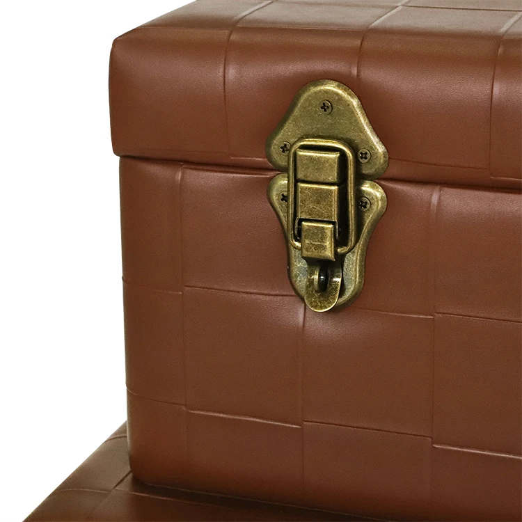 Set of 2 Brown Leather Trunks Pu Leather Trunks with Vintage Bronzed Metal Lock Accessory