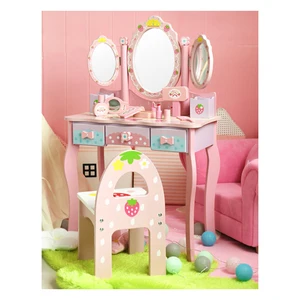 EDULAND Unisex Wooden Dressing Table Kitchen Pretend Play Toy with Pink Color for Children Babies Doll Furniture Role Play Gift