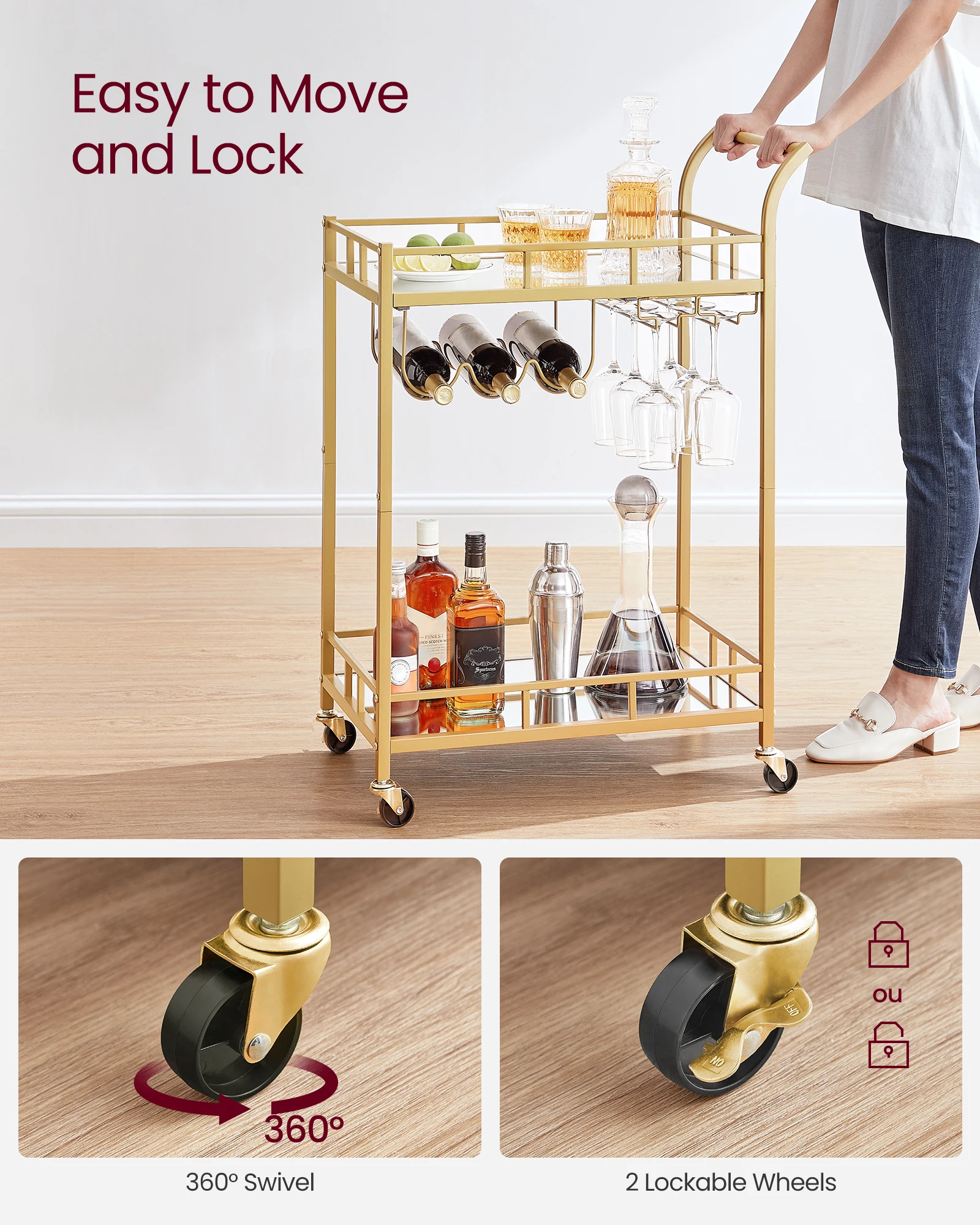VASAGLE Cocktail Alcohol Trolley for Kitchen Dining Living Room Outdoor Serving Trolley  2 Tier Bar Cart With Wine Bottle Racks