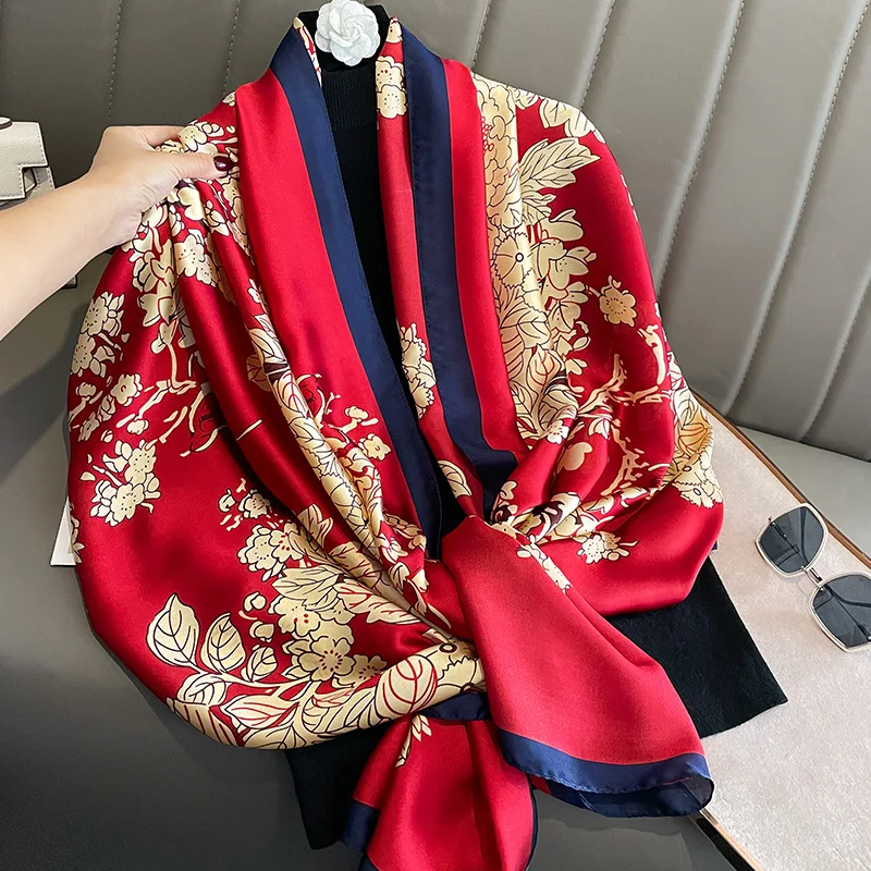 Oversized Floral Silk Printed Christmas Scarf For Women Oem