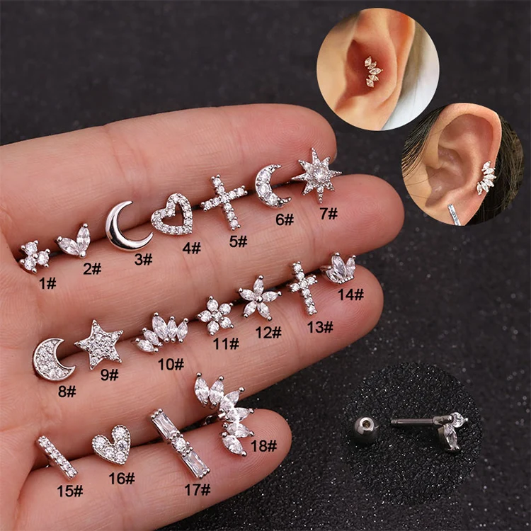 Stainless Steel Ear Bone Nails Copper Inlaid Zircon Top Screw Stud Earrings  Women's Earrings Piercing Jewelry