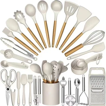 34-piece heat-resistant silicone kitchenware set for non-stick cooking spoon spatula wooden handle kitchen utensils set