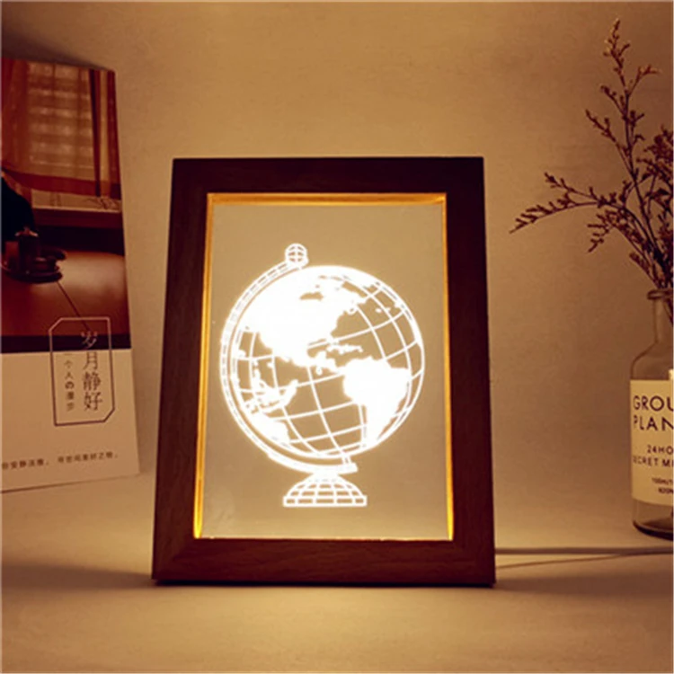 Customize Abstract Photo Frame Laser Cut Acrylic Led Night Lights 3D Wood Frame Optical Nigh Lamp Gift