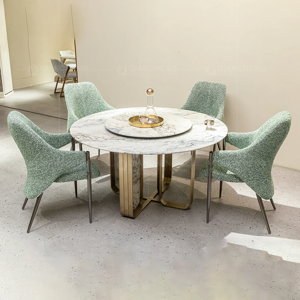 Design Style 12 Seater White Round Concrete Dining Table Feature Gold Steel Marmur Luxury Dining Room Table and Velvet Chairs