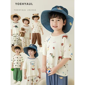 YOEHYAUL N6131 1-10Y Cute Children's Sleepwear Custom Logo Short Sleeve Elastic Boys Kids Summer Pajamas Homewear Toddler