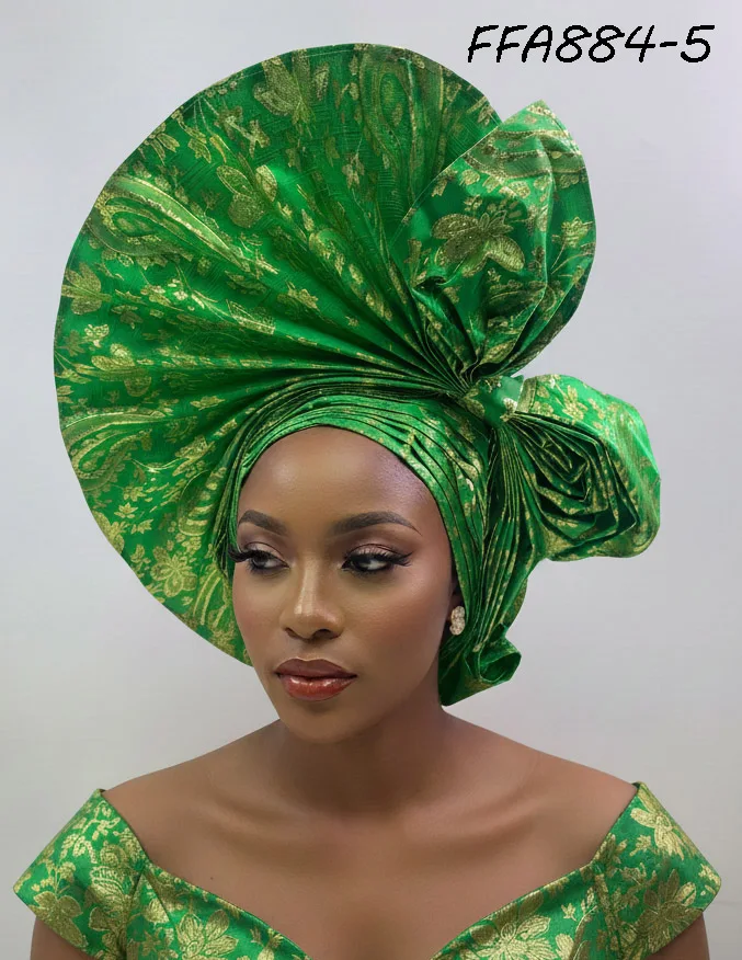 COPY - Aso-Oke African Headtie Auto Gele, Green Stoned Ready Made Gele Fabric Green Auto Gele, Aso Oke Headtie, Gele, Aso-oke Fabric  main image 3