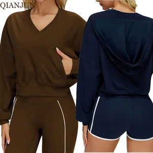 Wholesale Plus Size Gym Fitness Wear Yoga Top V-Neck Warm Women's Workout Outdoor Running Hooded Sweatshirt