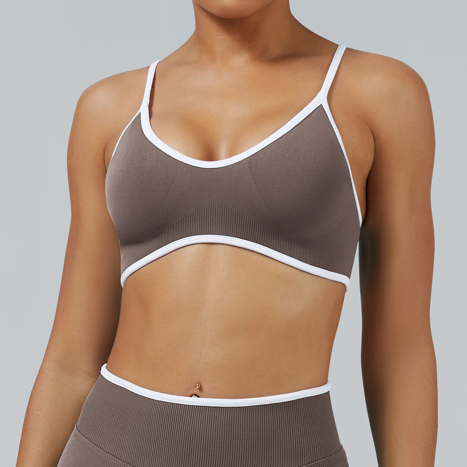 High Support Spaghetti Strap Shockproof Yoga Sports Bra with Front Logo and Color Contra preview