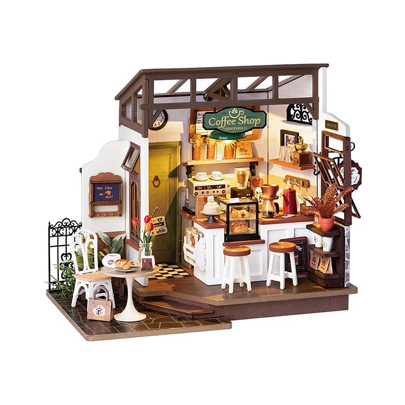 Robotime Rolife DIY Puzzle Kit DG162 Slow Life Cafe House 3D Wooden Handmade Miniature Dollhouse