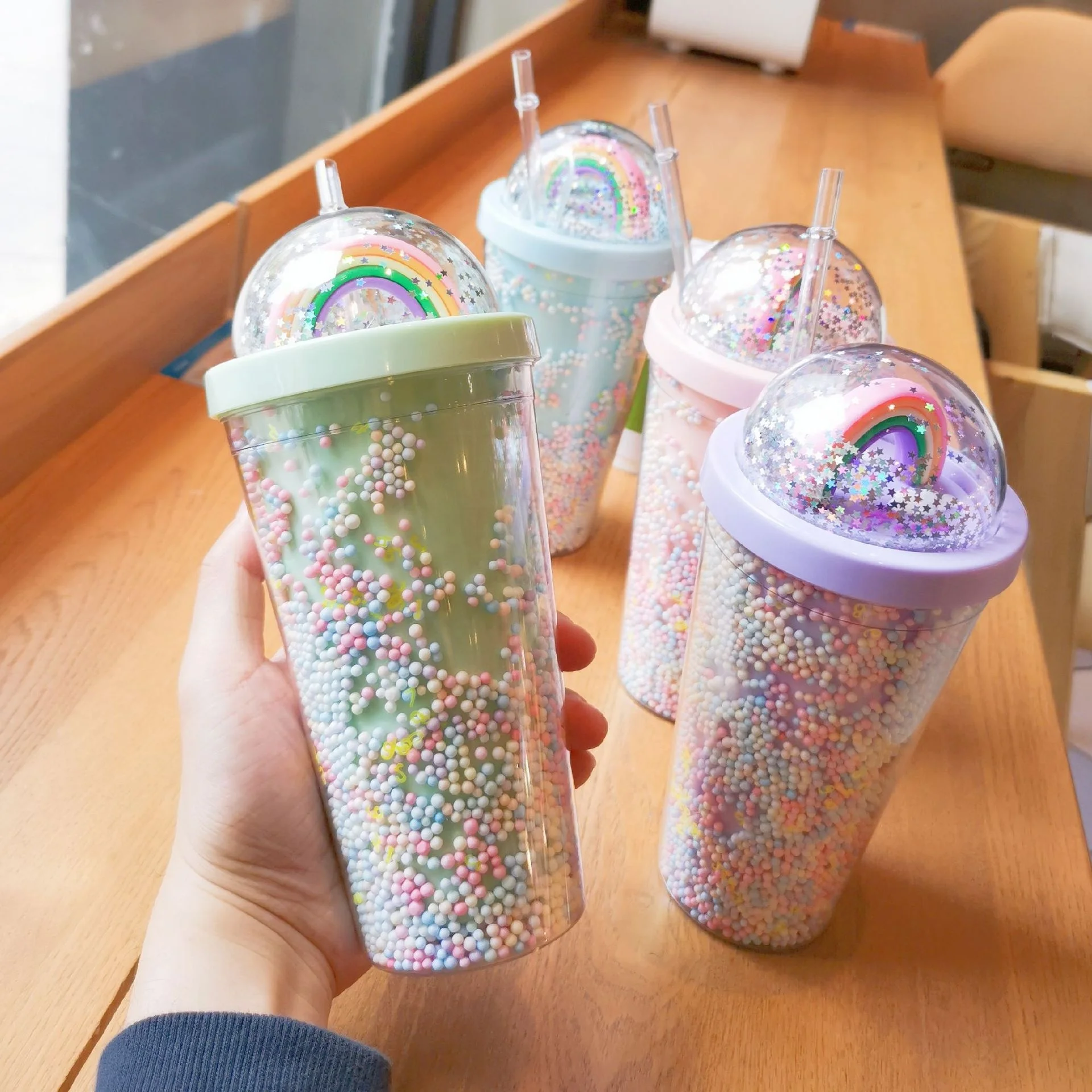 Creative Cute Colorful Beads rainbow Cups Girls Plastic Water Bottle for Adults