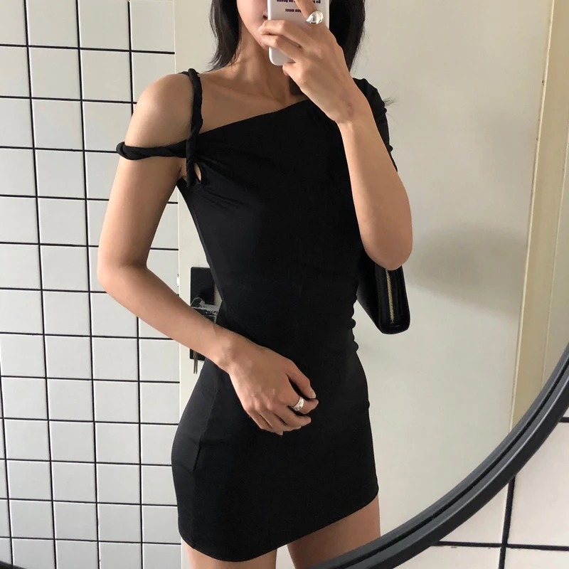 OEM  Factory Solid Color Mini Dress Women Classic Single Sleeve Woven Strap Body-shaping Vestidos Female 2024 New Basic Dress