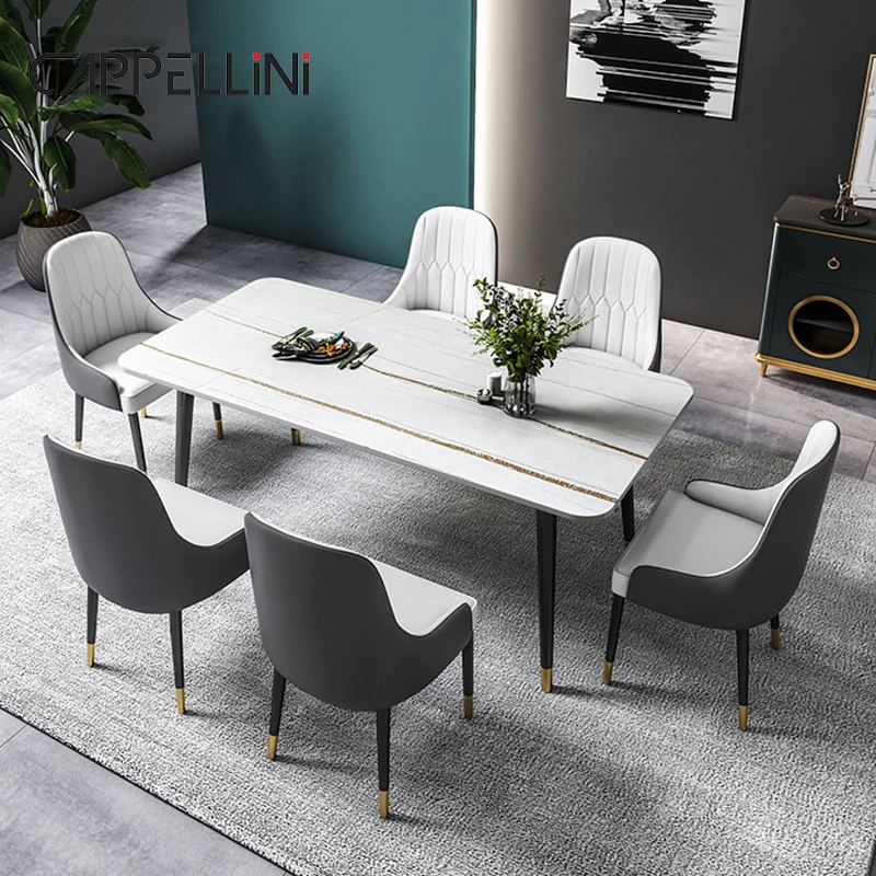 Modern Metal Base Slate Stone Top Dining Table Set 6 Seater 4 Charis ...