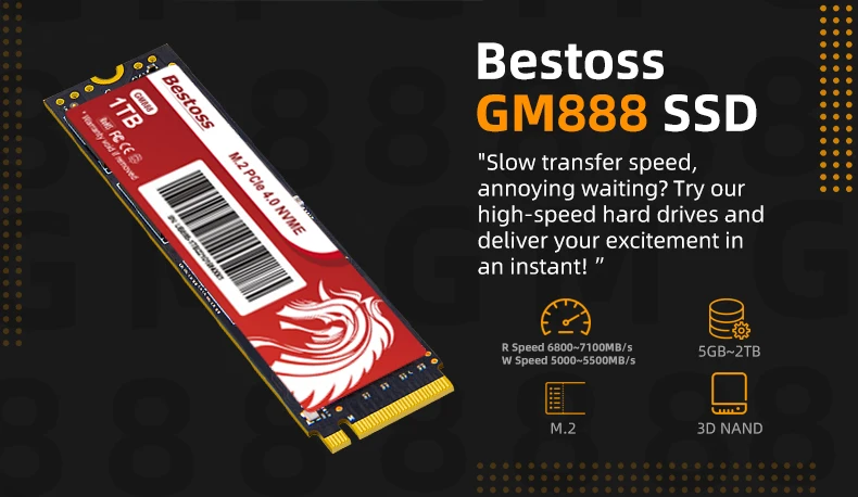 Bestoss 1TB NVMe SSD, M.2 PCIe Gen4, 512GB Capacity, Ideal for