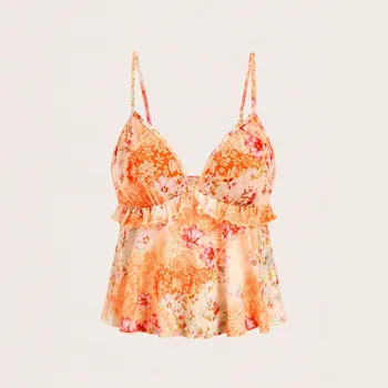 Women's Multicolor Floral Print Ruffle Trim Camisole Nightclub Female Crop Top Vest with Mesh