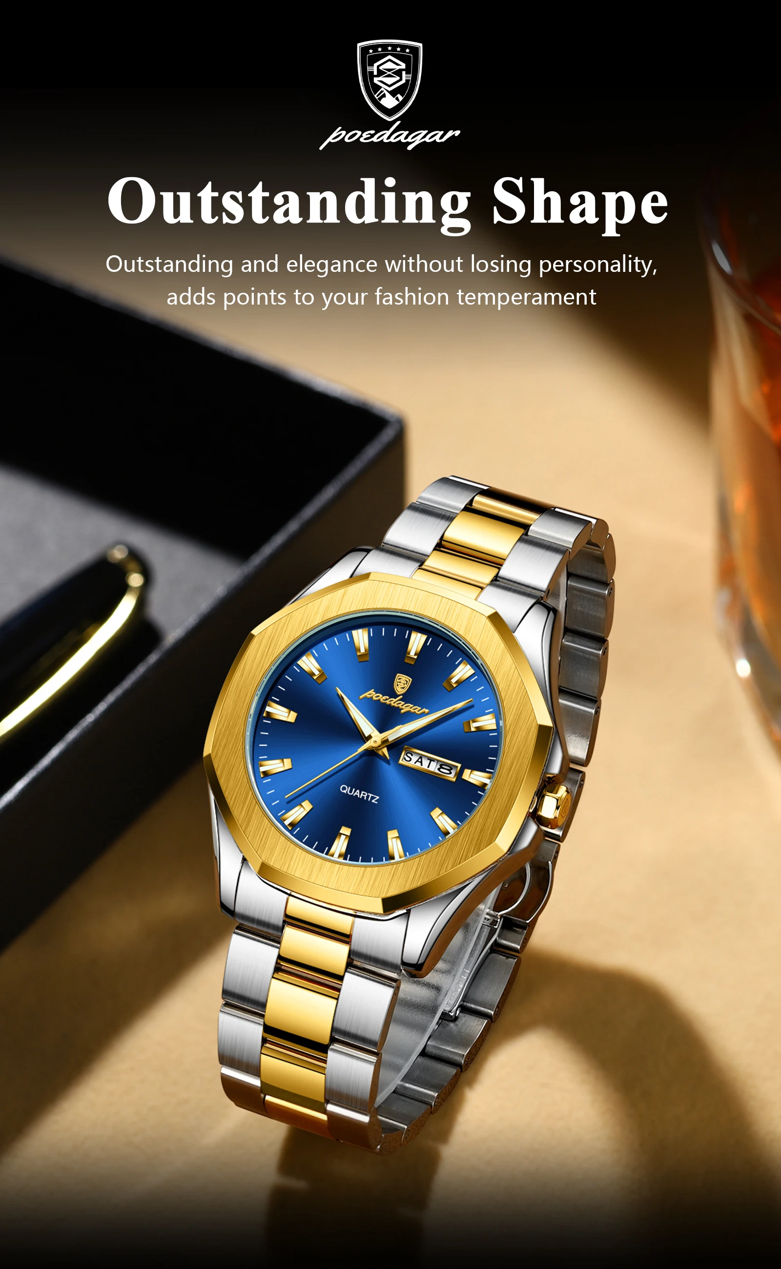 POEDAGAR 875 Men Waterproof Luminous Hands Watch Sport Stainless Steel Wristwatch Original Quartz Men's Dual Calendar Watches