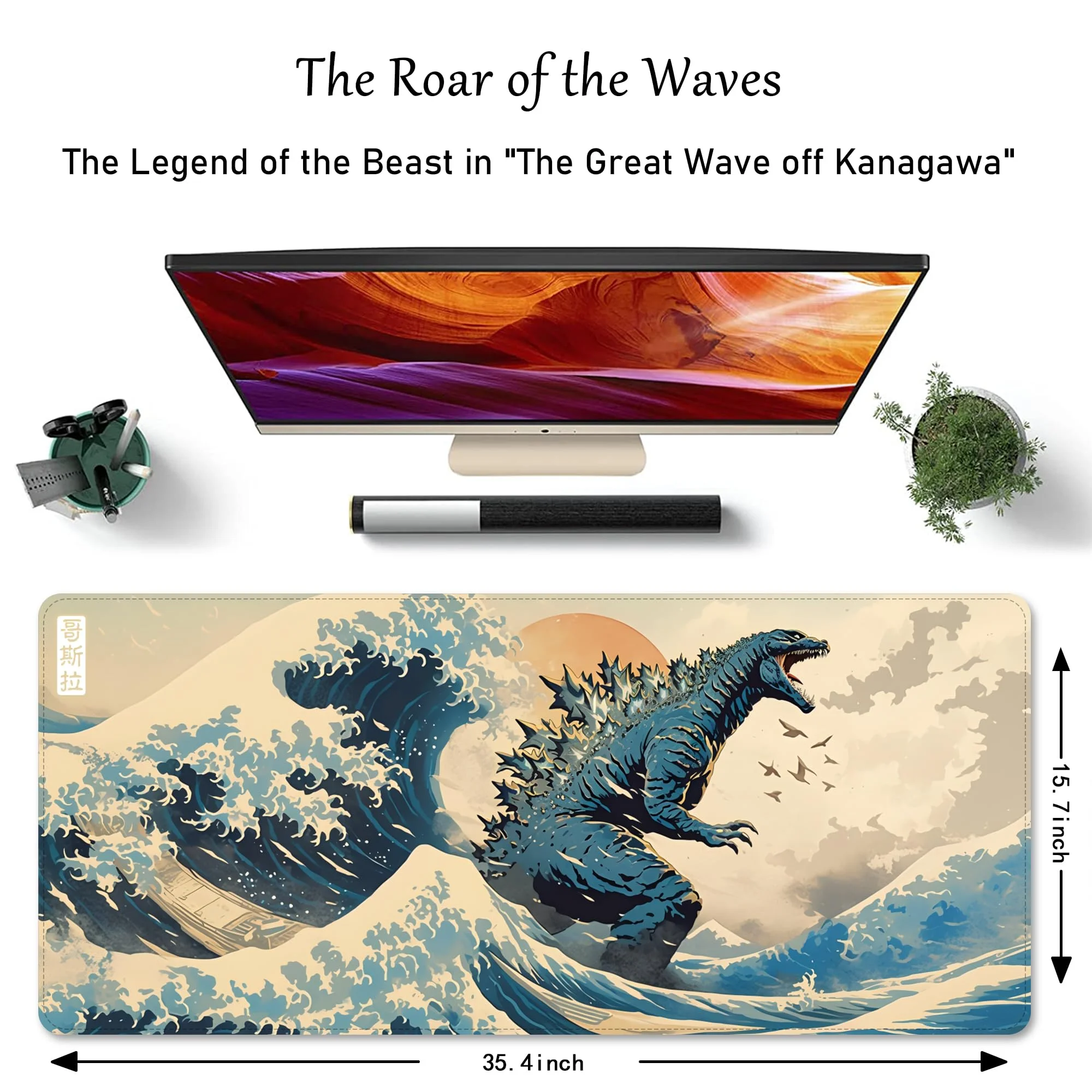 Extended Large Godzilla Japanese Wave Sublimation Mouse Pad