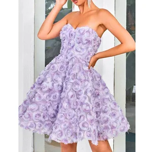 Women Purple Fairy Dress High End Fashion Flowers a Line Knee Length Celebrity Evening Party Gowns Birthday Dresses
