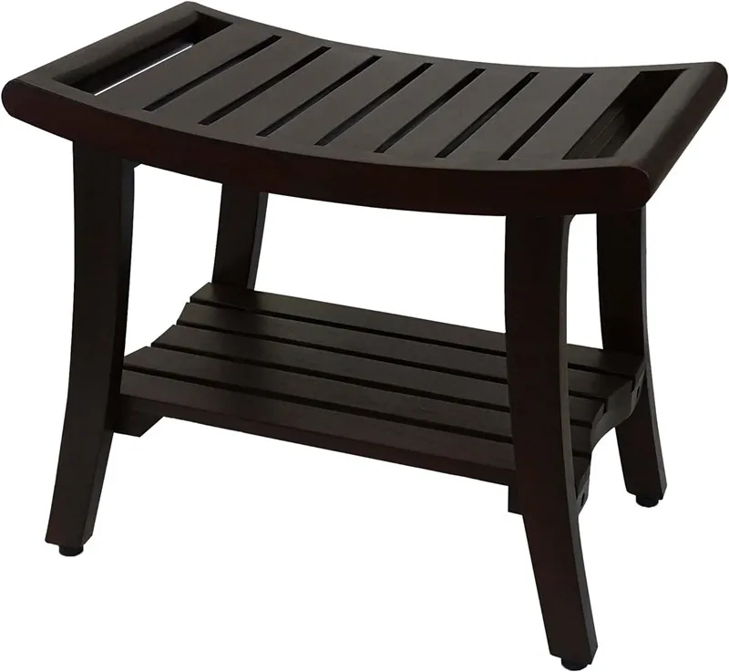Teak 24 Inch Brown Waterproof Teak Wood Shower Bench Stool Seat Chair Safety Storage Organization Bathroom